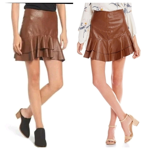 Soprano Dresses & Skirts - Soprano Caramel Faux Leather Tiered Mini Skirt Women's Sz L Fall Y2K